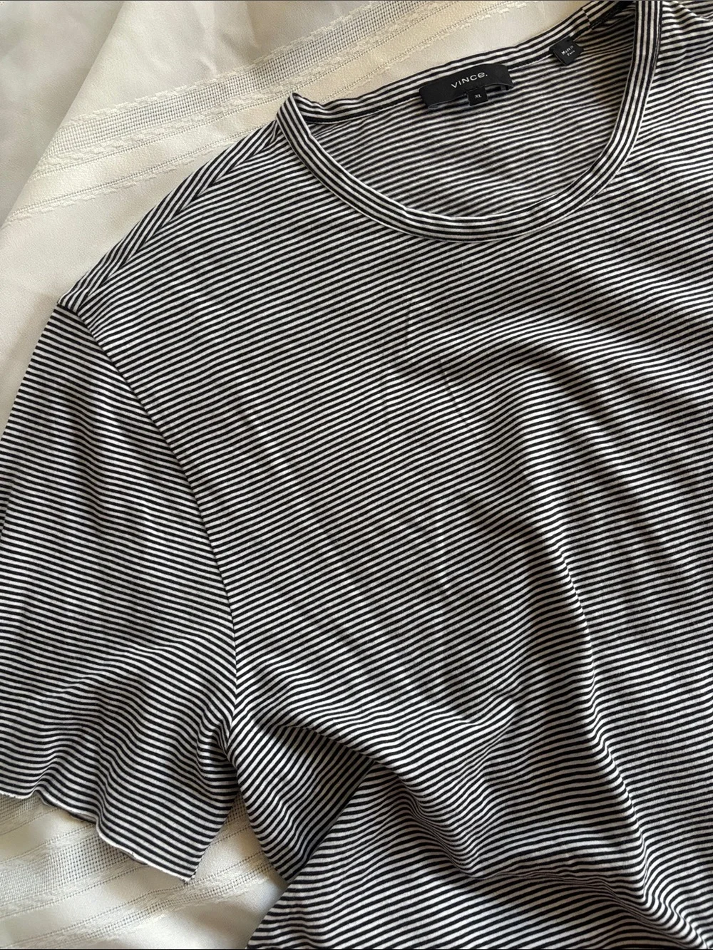 ❤️… Vince. Black & White Narrow Stripe Crewneck Tee (Raw Hems)